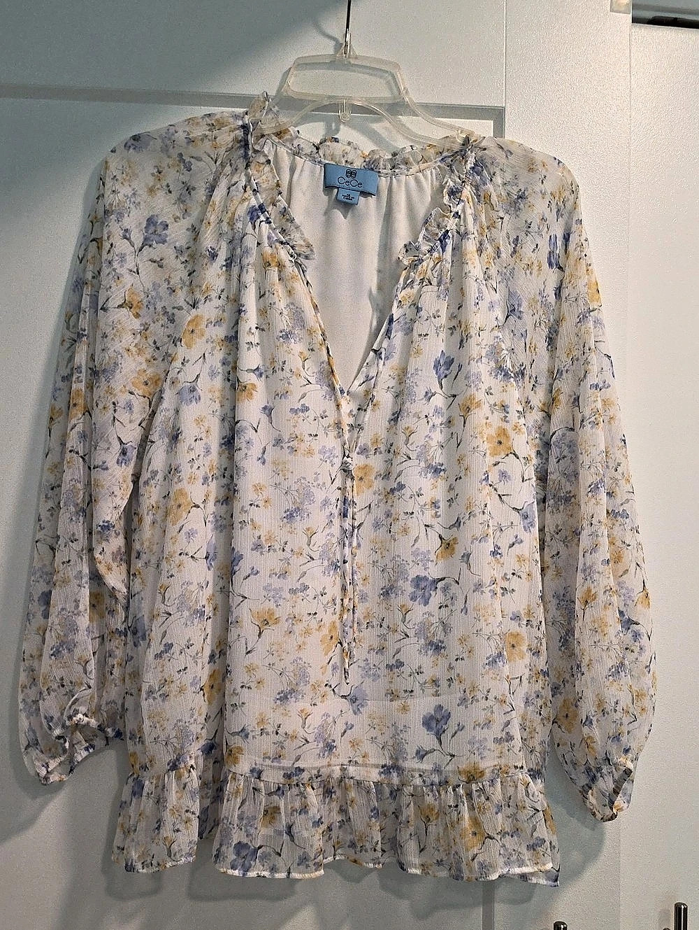 CeCe Long Sleeve Tie-Neck Floral-Print Blouse Blue & Yellow